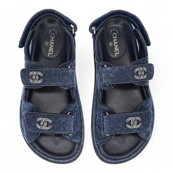 CHANEL Dark Blue Fabric Beaded CC 
Dad
 Velcro Sandals Sz 35 - Replica Handbags Shopping
.com