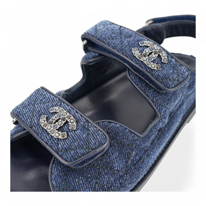 CHANEL Dark Blue Fabric Beaded CC 
Dad
 Velcro Sandals Sz 35 - Replica Handbags Shopping
.com