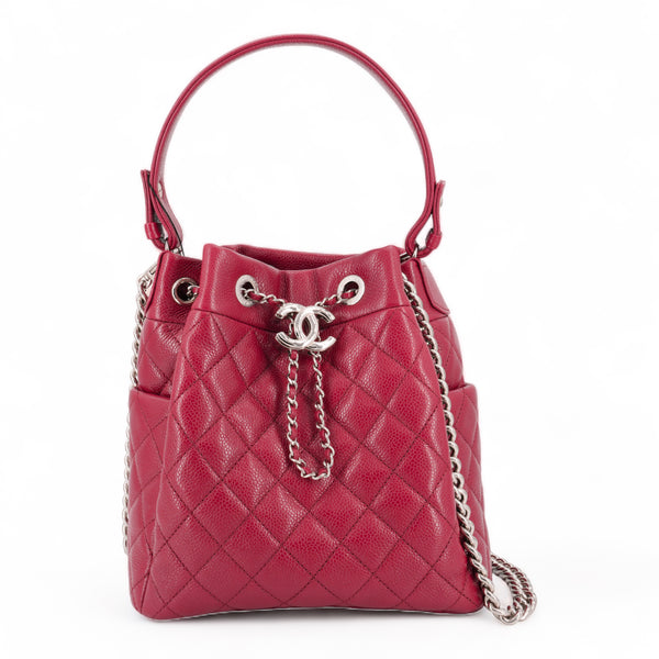 19K Drawstring Chain Bucket Bag in Dark Pink Caviar