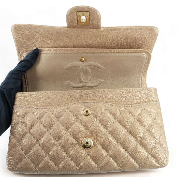 CHANEL 15C Pearly Gold Caviar Medium Classic Double Flap Bag - Replica Handbags Shopping
.com