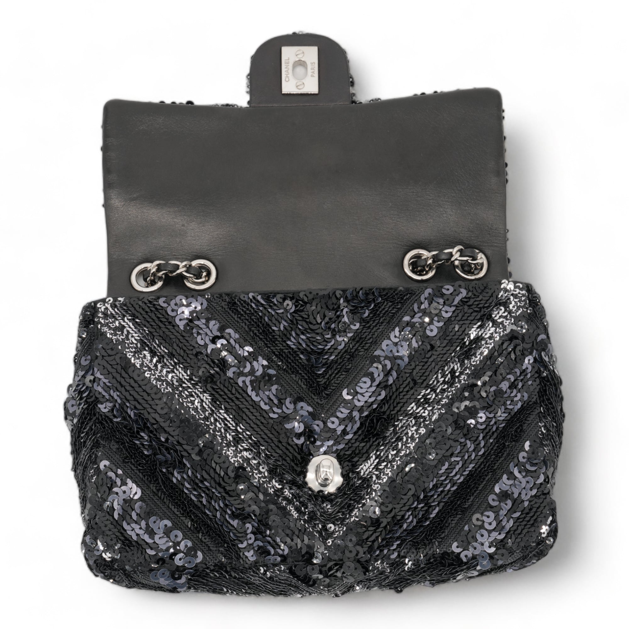 CHANEL Black Chevron Sequin Mini Flap Bag - Replica Shoes .com