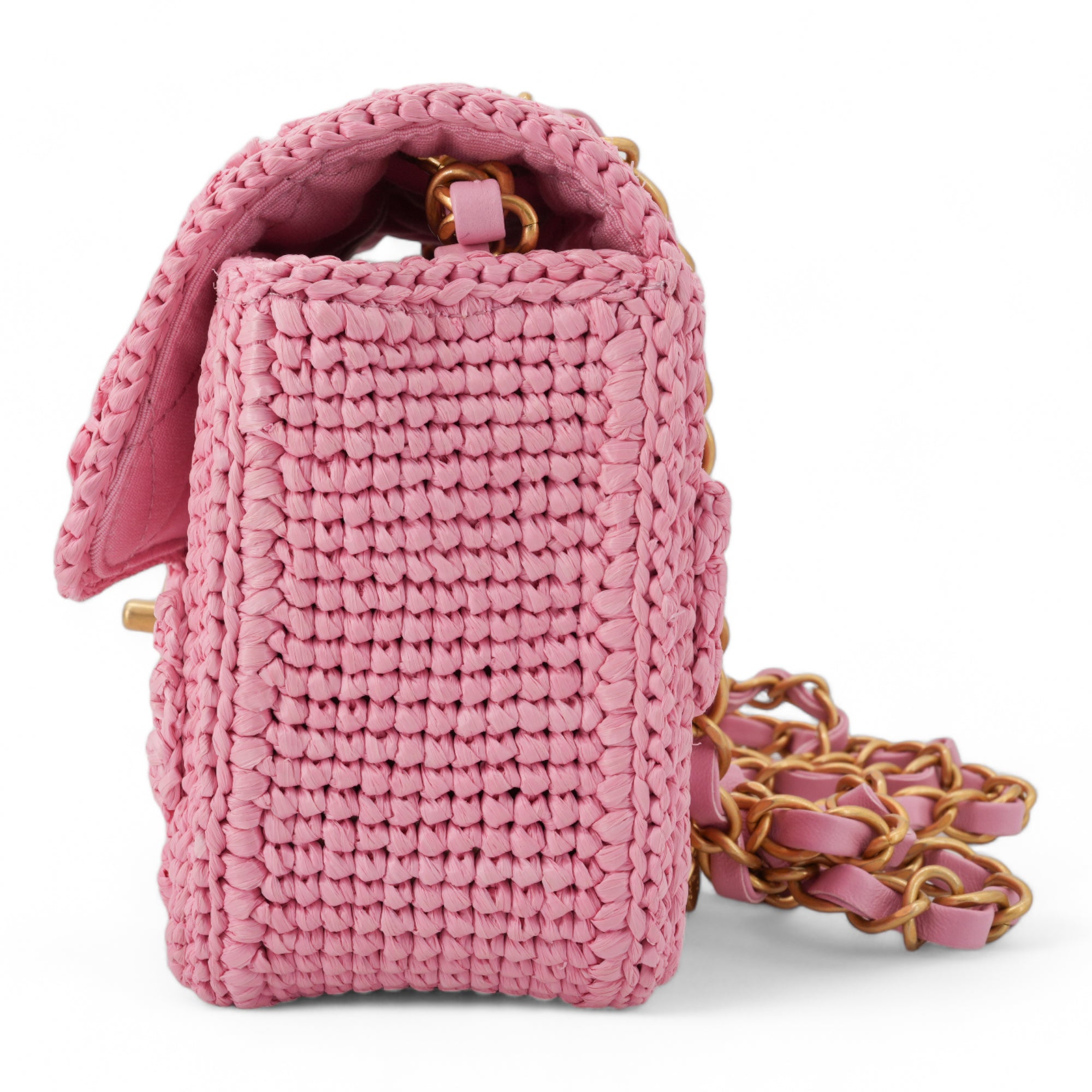 CHANEL 24P Pink Braided Raffia Classic Mini Rectangular Flap Bag - Replica Shoes .com