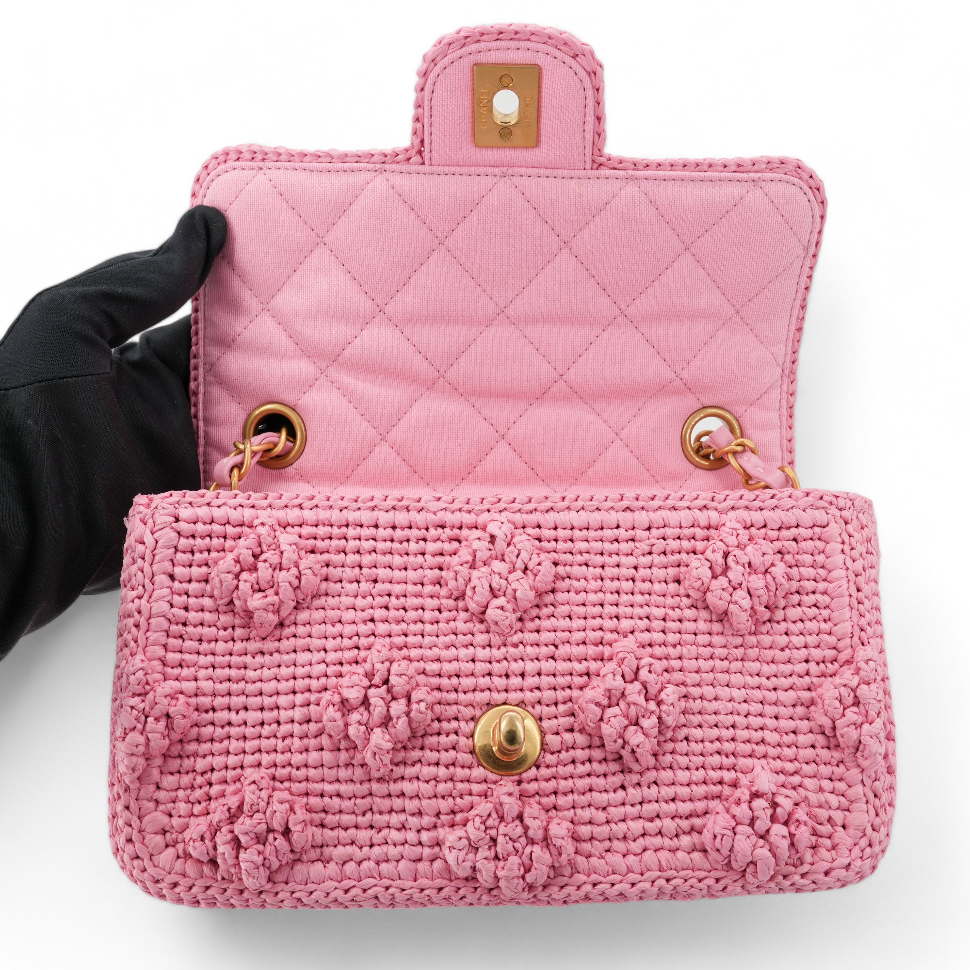 CHANEL 24P Pink Braided Raffia Classic Mini Rectangular Flap Bag - Replica Shoes .com