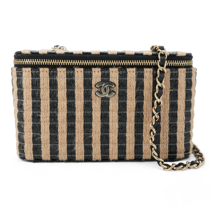 CHANEL 21P Raffia Black Beige Stripe Small Vanity Case with Chain - Replica Handbags Shopping
.com