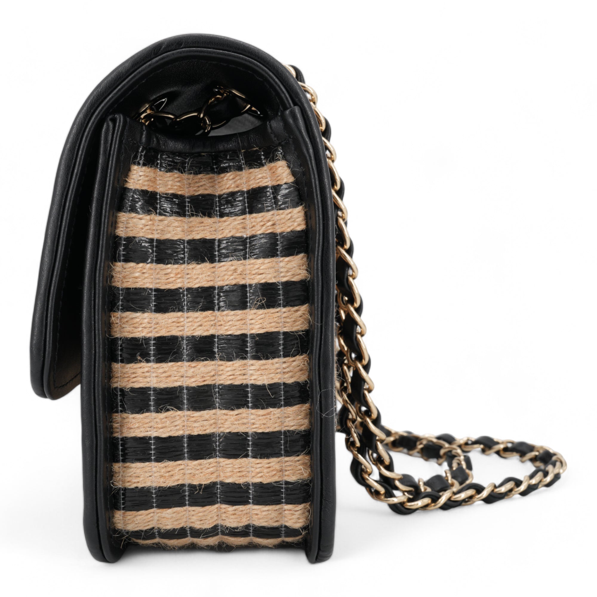 CHANEL 21P Raffia Jute Black Beige Stripe Medium Flap Bag - Replica Shoes .com