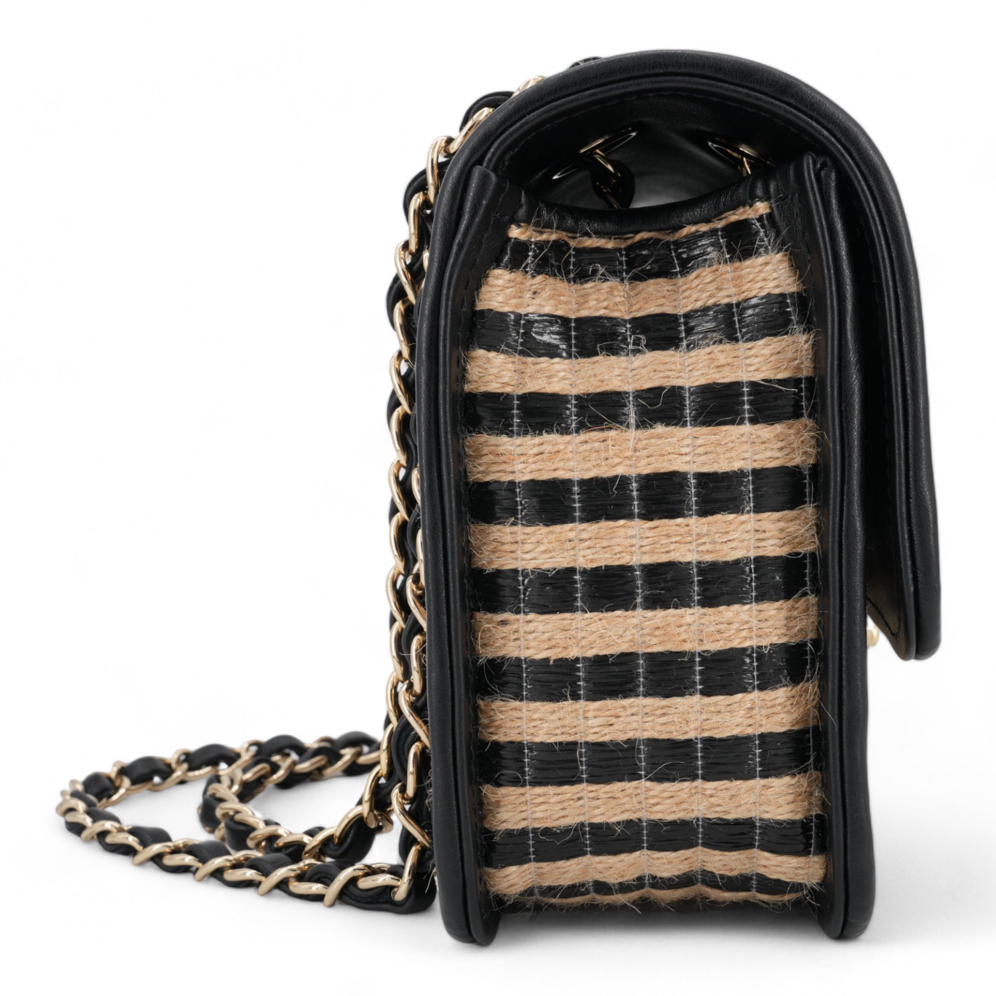 CHANEL 21P Raffia Jute Black Beige Stripe Medium Flap Bag - Replica Shoes .com
