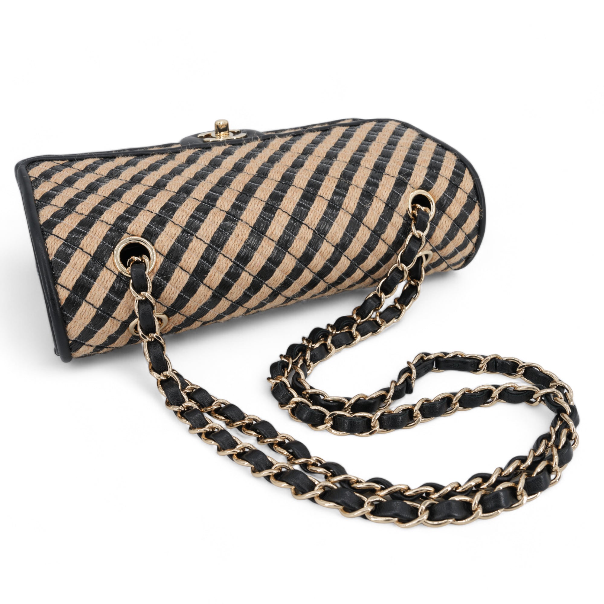 CHANEL 21P Raffia Jute Black Beige Stripe Medium Flap Bag - Replica Shoes .com