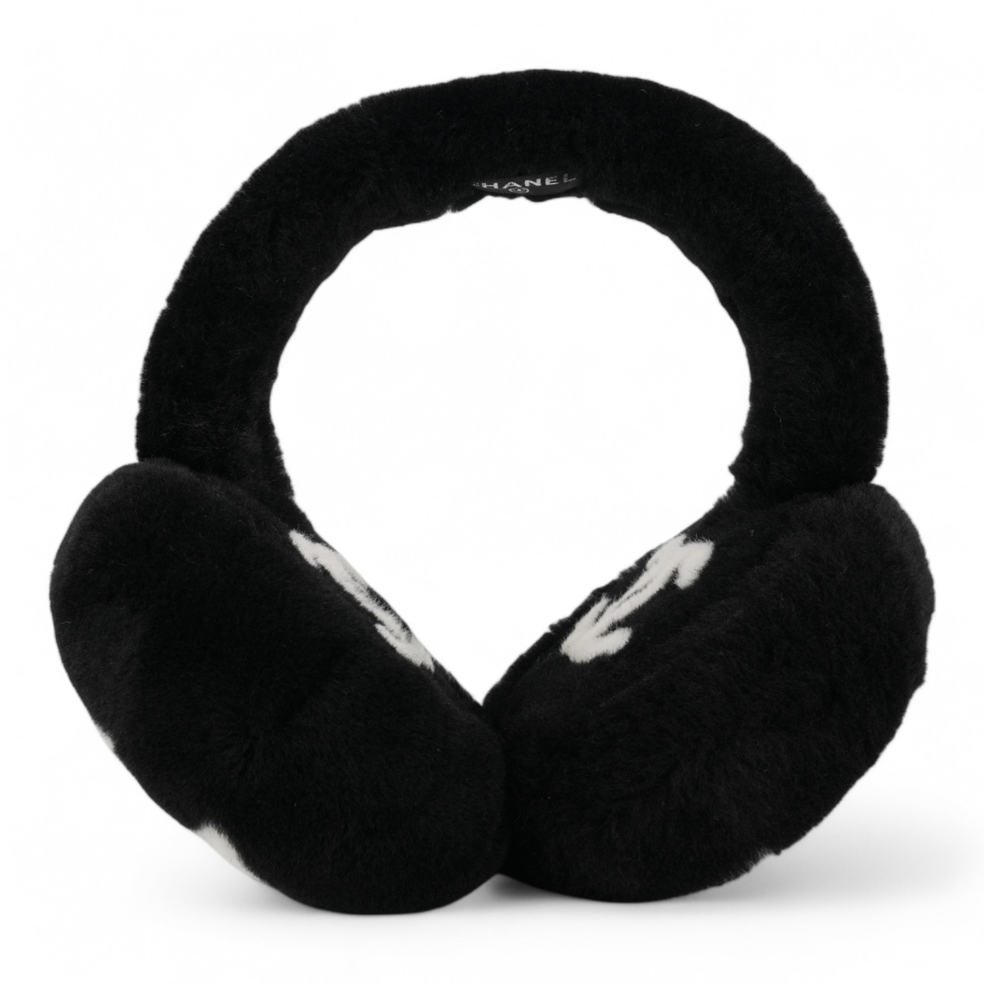 CHANEL Oversized CC Foldable Earmuffs in Black White Shearling - Replica Shoes 