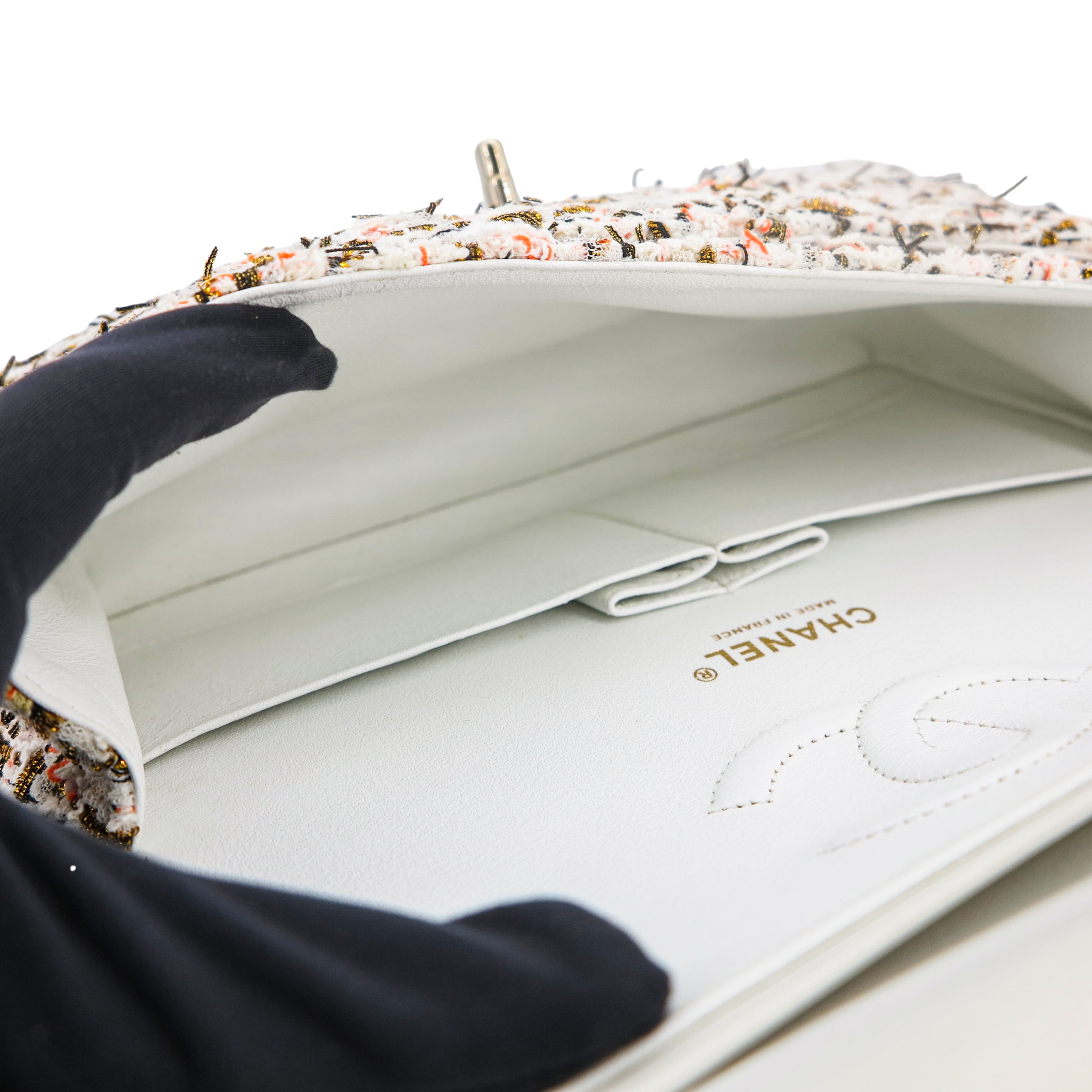 CHANEL 19C Ivory Gold Orange Tweed Medium Classic Double Flap Bag - Replica Shoes .com