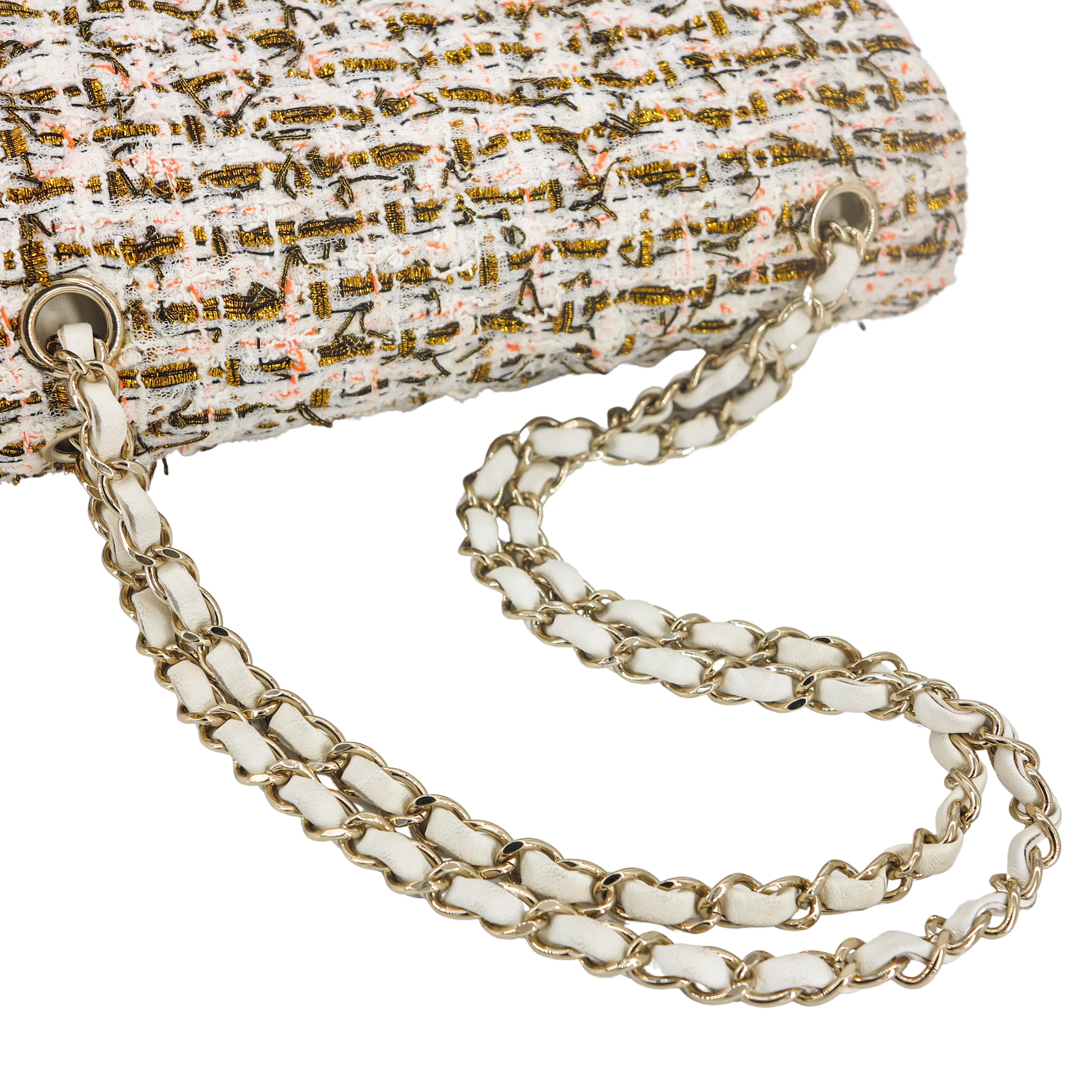 CHANEL 19C Ivory Gold Orange Tweed Medium Classic Double Flap Bag - Replica Shoes .com
