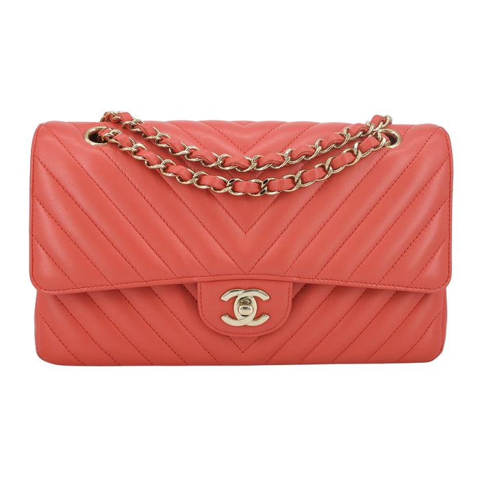 CHANEL Chevron Medium Classic Double Flap Bag in Pink Coral Red Lambskin - Replica Handbags Shopping
.com