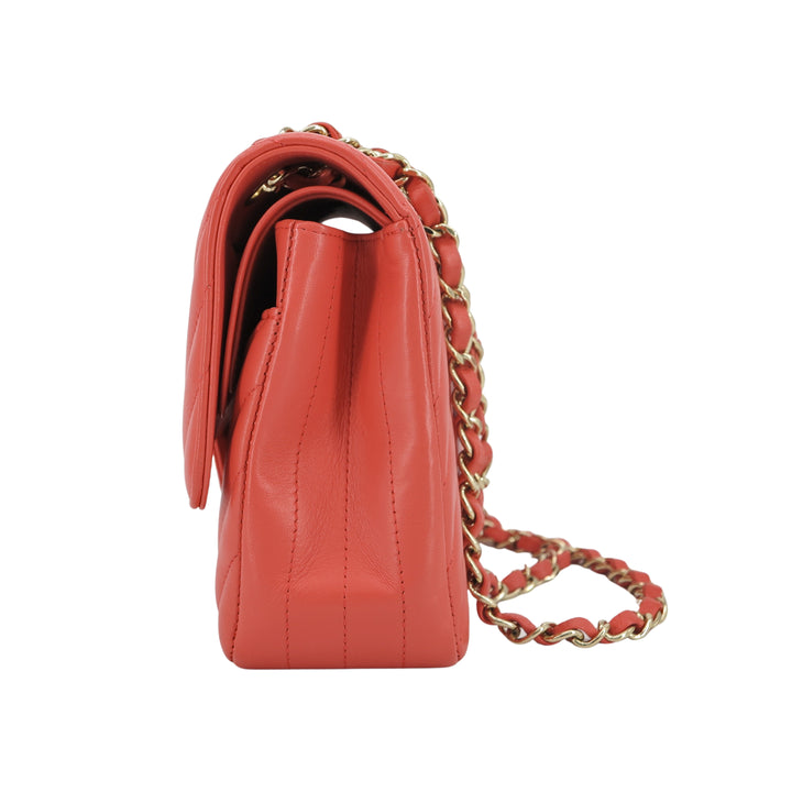 CHANEL Chevron Medium Classic Double Flap Bag in Pink Coral Red Lambskin - Replica Handbags Shopping
.com