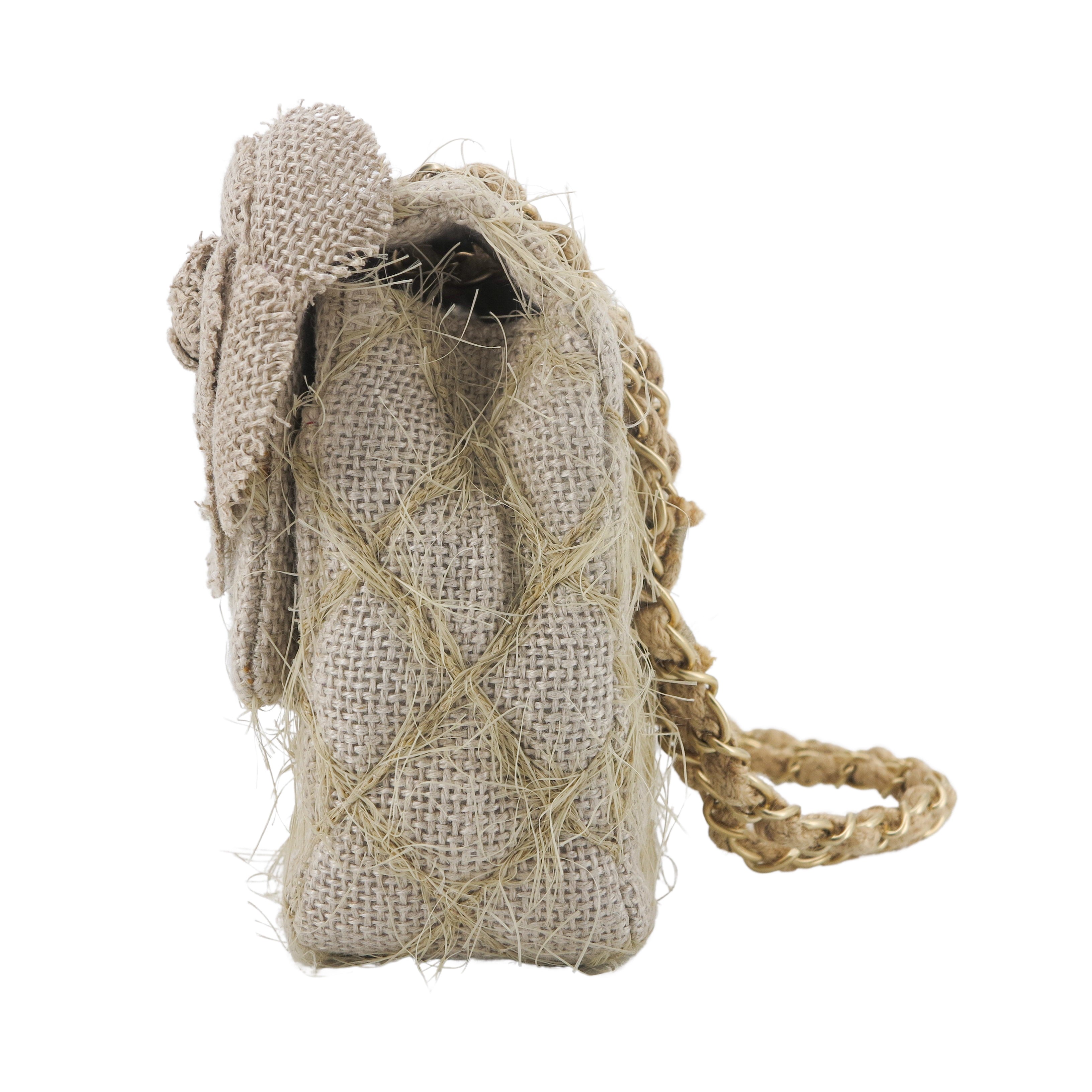 CHANEL Taupe Beige Camellia Straw Jute Raffia Medium Flap Bag - Replica Shoes .com