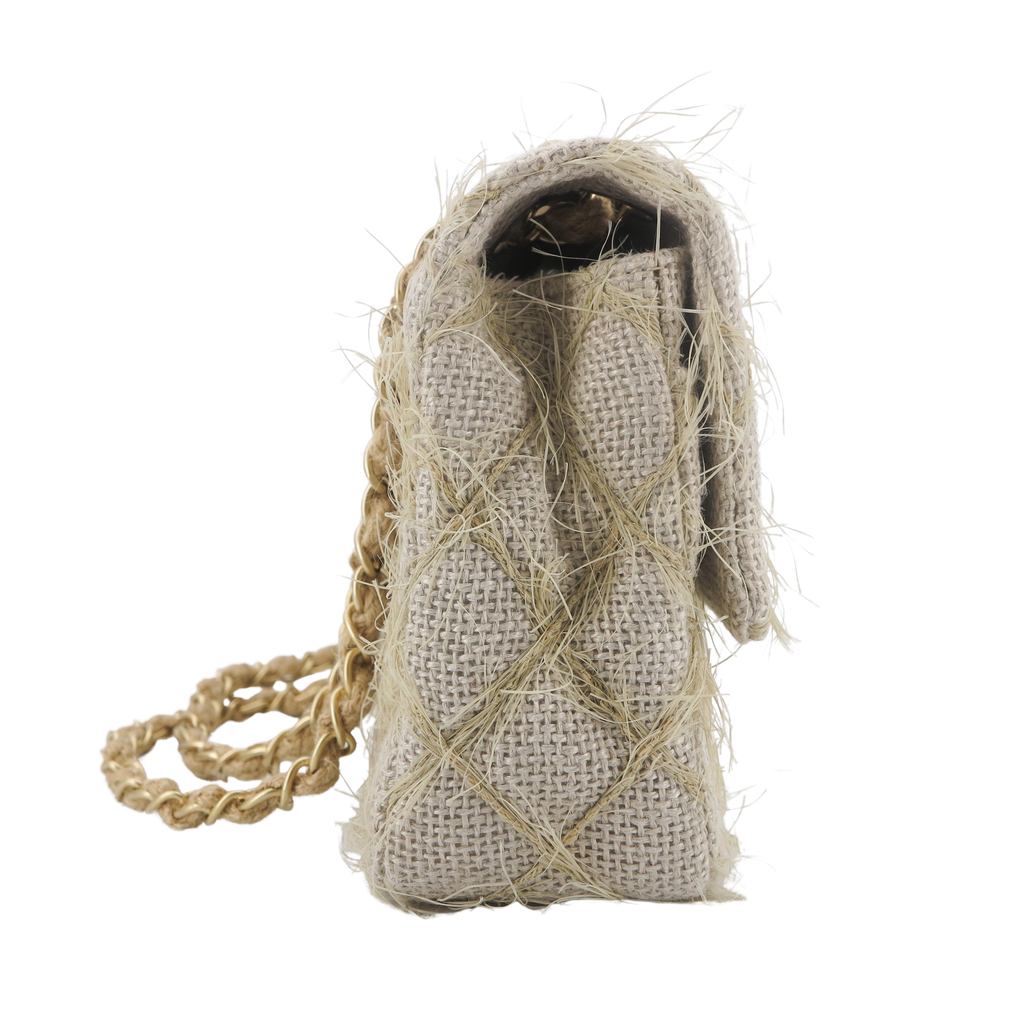 CHANEL Taupe Beige Camellia Straw Jute Raffia Medium Flap Bag - Replica Shoes .com