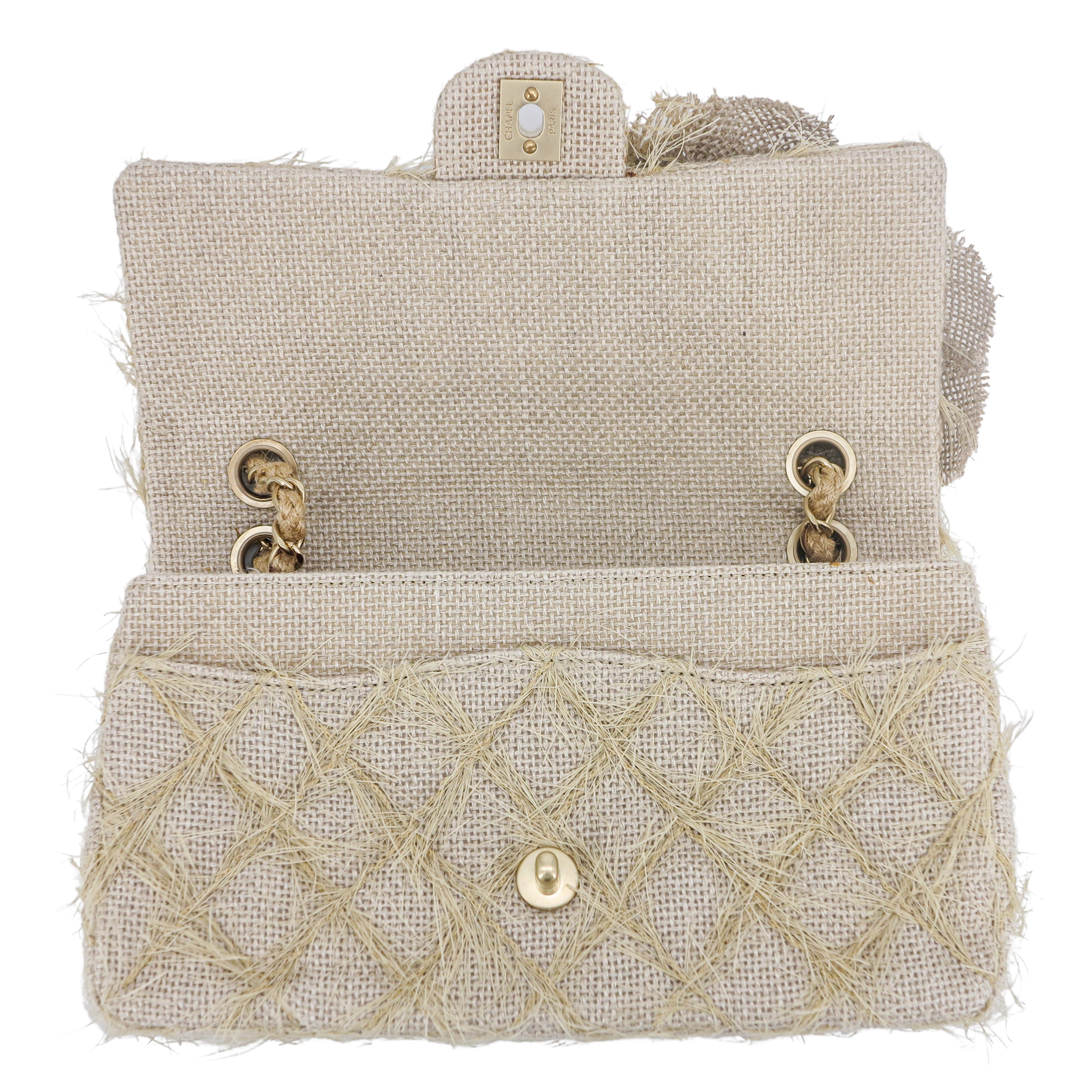 CHANEL Taupe Beige Camellia Straw Jute Raffia Medium Flap Bag - Replica Shoes .com