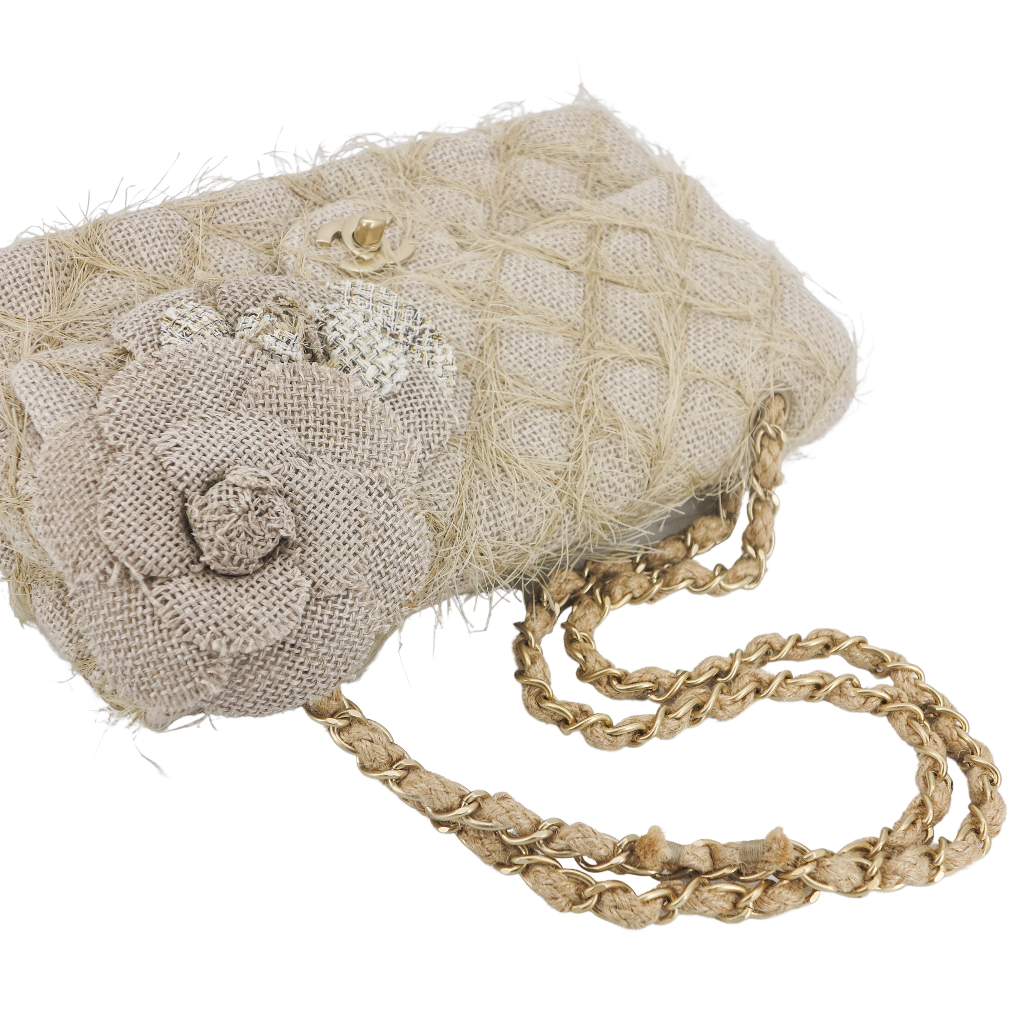 CHANEL Taupe Beige Camellia Straw Jute Raffia Medium Flap Bag - Replica Shoes .com