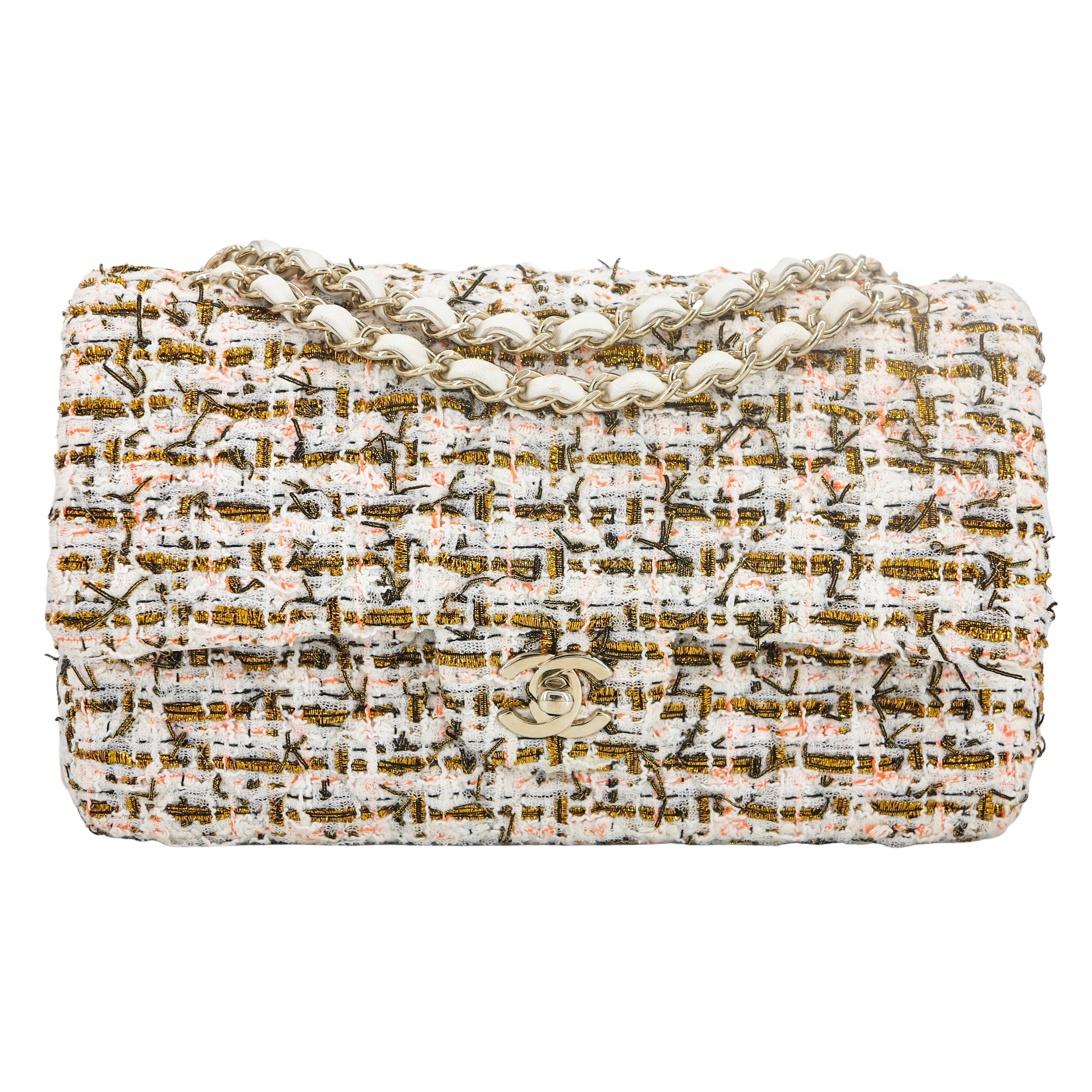 CHANEL 19C Ivory Gold Orange Tweed Medium Classic Double Flap Bag - Replica Shoes .com