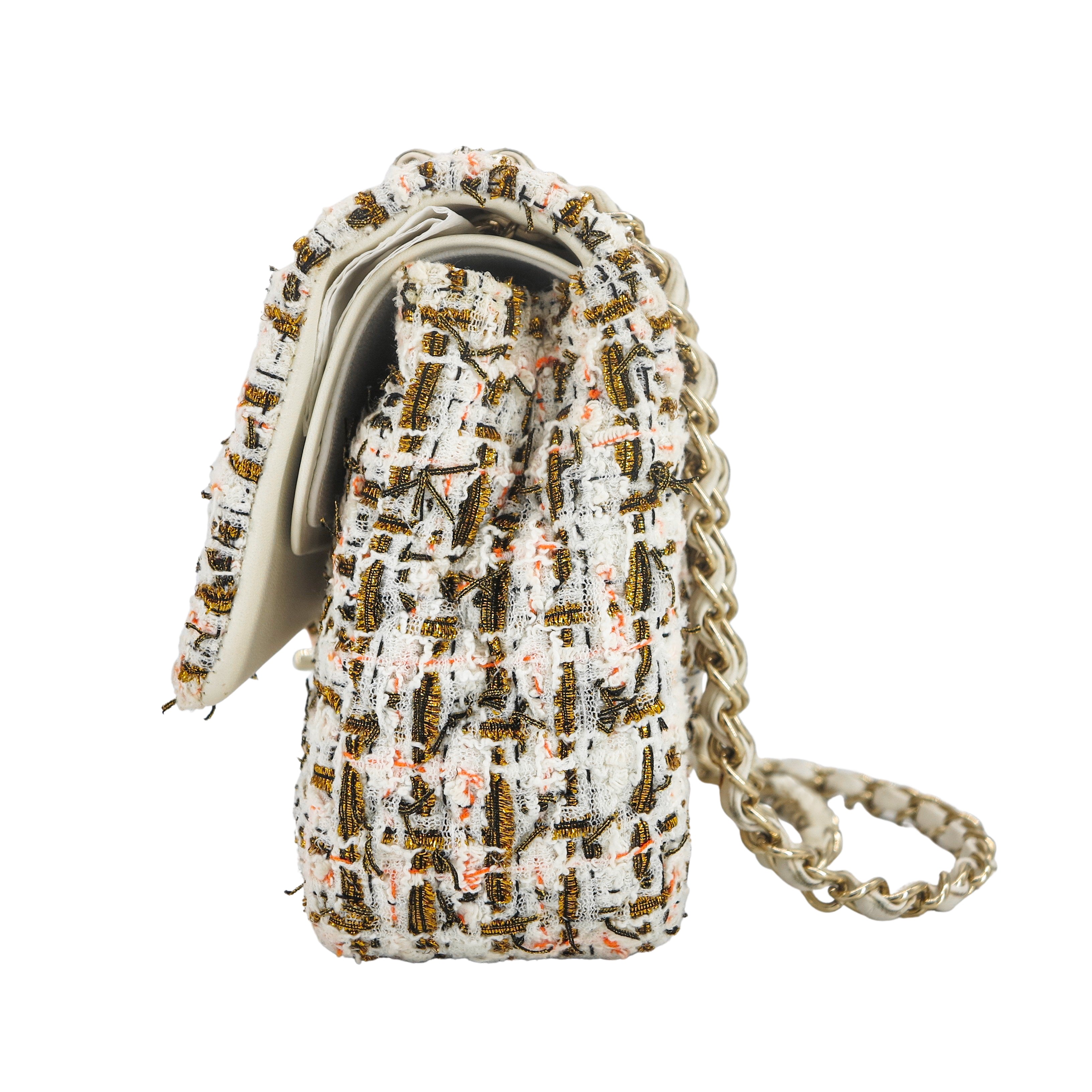CHANEL 19C Ivory Gold Orange Tweed Medium Classic Double Flap Bag - Replica Shoes .com