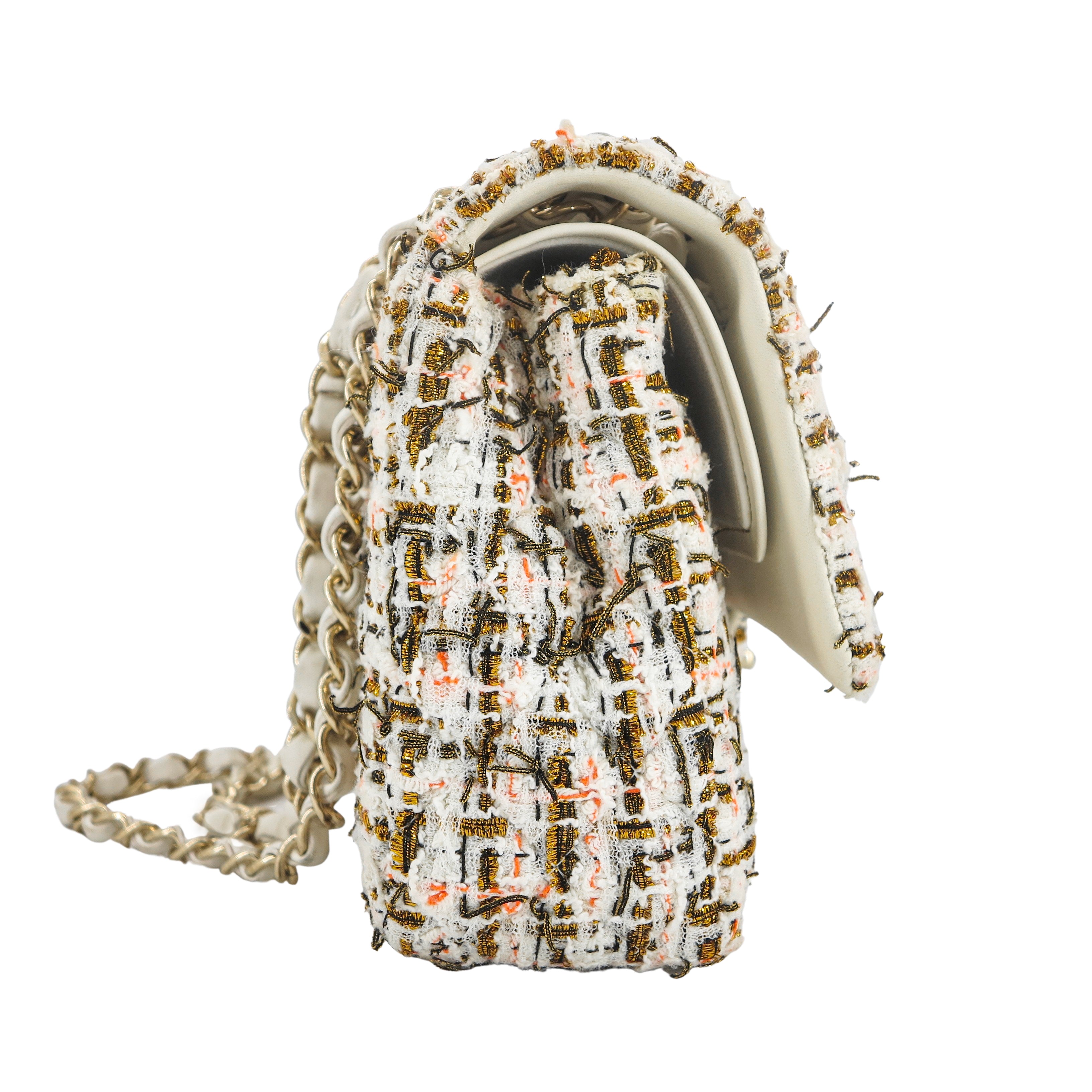 CHANEL 19C Ivory Gold Orange Tweed Medium Classic Double Flap Bag - Replica Shoes .com