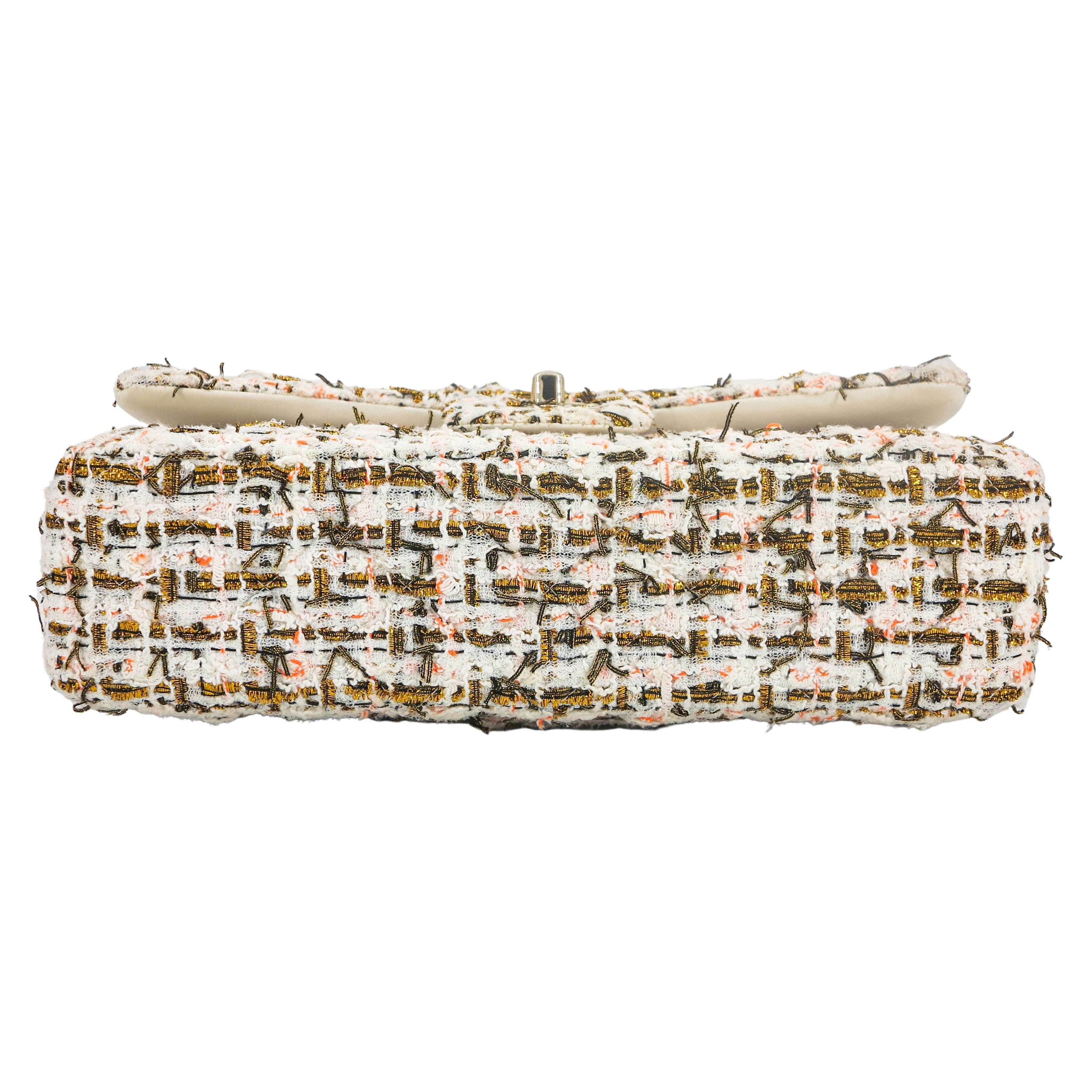 CHANEL 19C Ivory Gold Orange Tweed Medium Classic Double Flap Bag - Replica Shoes .com