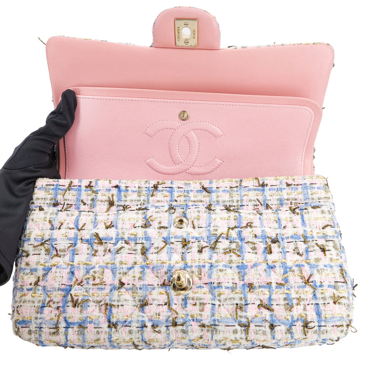 CHANEL 19C Pink Blue Tweed Medium Classic Double Flap Bag - Replica Handbags Shopping
.com