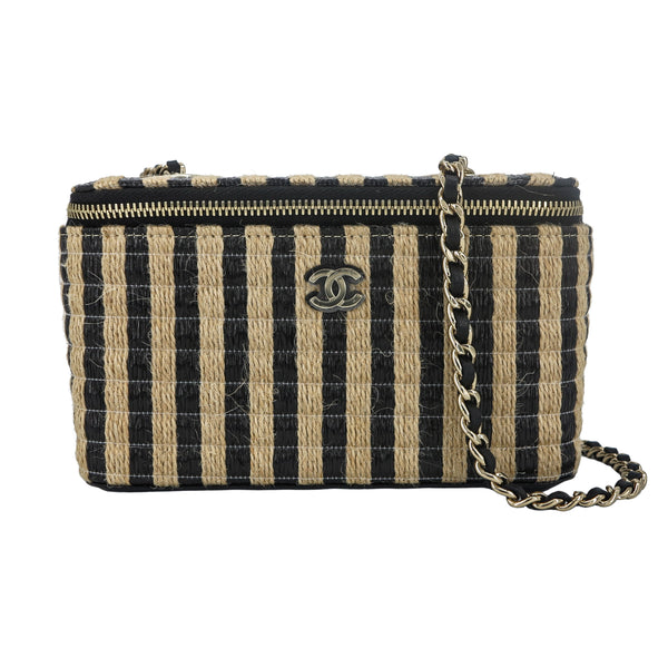 CHANEL 21P Raffia Black Beige Stripe Small Vanity Case with Chain - Replica Handbags Shopping
.com