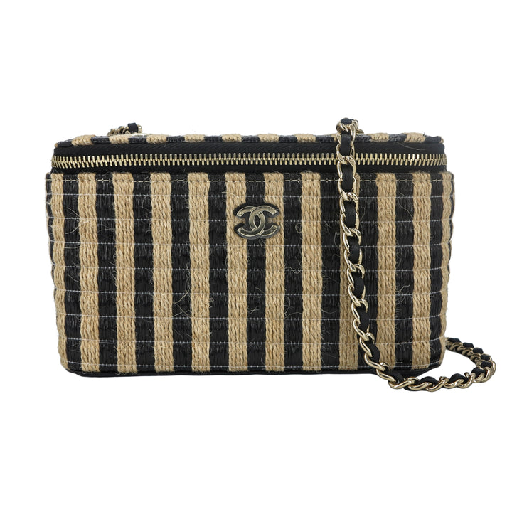 CHANEL 21P Raffia Black Beige Stripe Small Vanity Case with Chain - Replica Handbags Shopping
.com