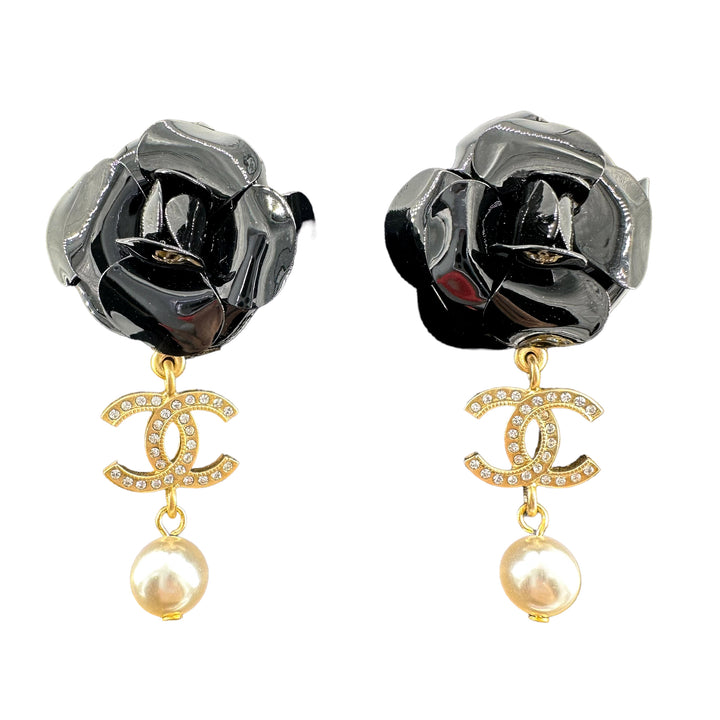 CHANEL 20A Oversized Black Camelia Crystal CC Pearl Long Drop Earrings - Replica Handbags Shopping
.com