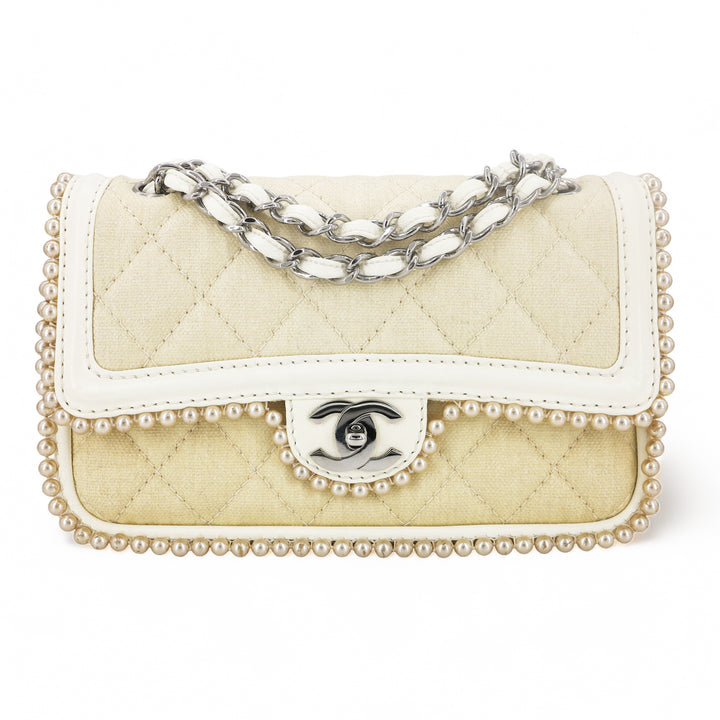 CHANEL Vintage Pearl Trim Quilted Canvas Medium Classic Double Flap Bag - Replica Handbags Shopping
.com