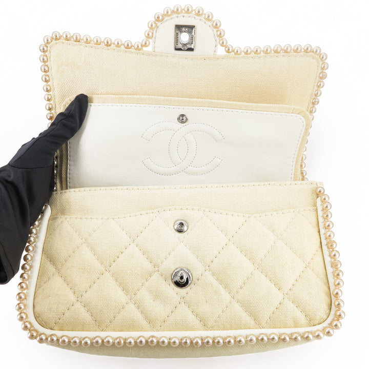 CHANEL Vintage Pearl Trim Quilted Canvas Medium Classic Double Flap Bag - Replica Handbags Shopping
.com