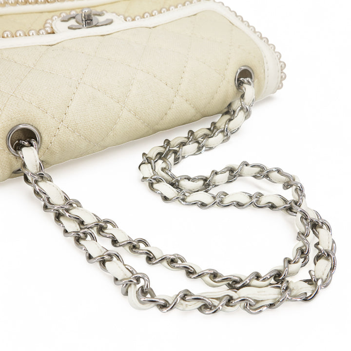 CHANEL Vintage Pearl Trim Quilted Canvas Medium Classic Double Flap Bag - Replica Handbags Shopping
.com