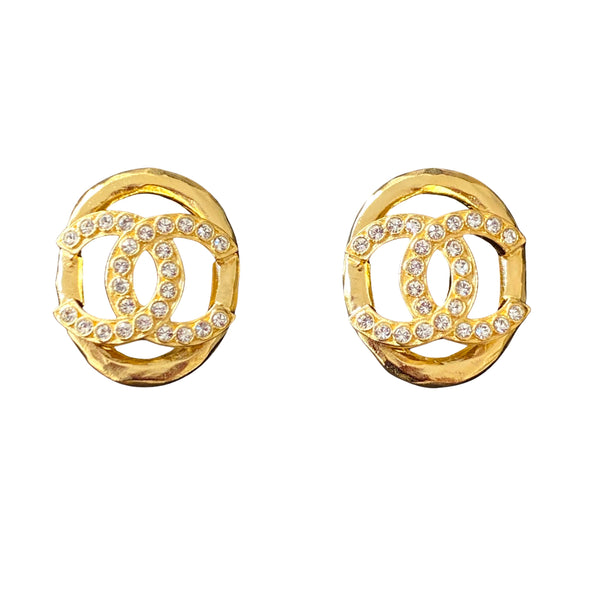 CHANEL 22A Oval Cutout Crystal CC Logo Large Gold Earrings - Replica Handbags Shopping
.com