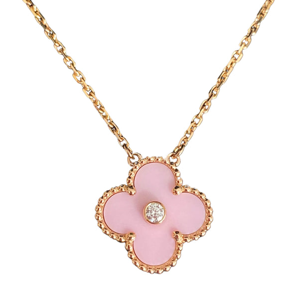 2015 Pink Sèvres Porcelain Vintage Alhambra Diamond Holiday Pendant Necklace